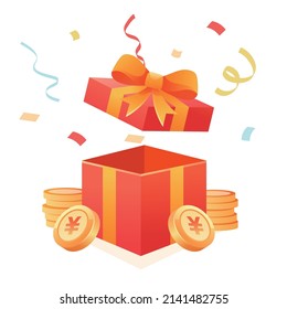 Opened gift box with gold coins and ribbons, vector illustration