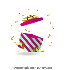 Opened gift box with golden bow and gold ribbon.