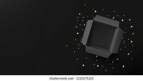 Opened gift box with golden confetti on black background. 3d banner with copy space
