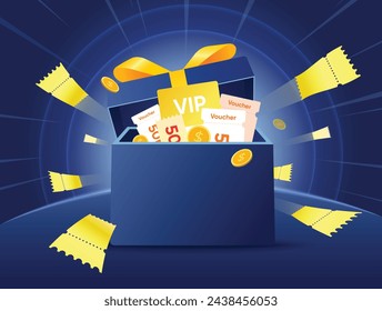 The opened gift box has many coupons inside, and the coupons are flying quickly forward on a blue background