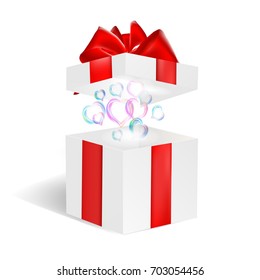 Opened gift box with hearts. Surprise concept. Realistic style. Vector illustration.