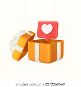 Opened gift box with heat inside. Surprise giftbox with appreciate. Concept of love, follow, subscribe in social media. Concept of love, follow, subscribe in social media. 3d vector illustration