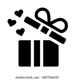 Opened gift box icon or present icon with hearts. Gift box in glyph style. Applicable for valentines day celebration or present, ribbon, win design. Present symbol. Vector illustration.