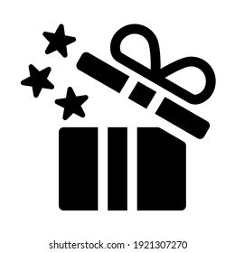 Opened gift box icon or present icon with stars. Gift box in glyph style. Applicable for celebration or present, ribbon, win design. Present symbol. Vector illustration.