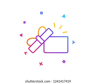 Opened Gift box line icon. Present or Sale sign. Birthday Shopping symbol. Package in Gift Wrap. Gradient line button. Opened Gift icon design. Colorful geometric shapes. Vector