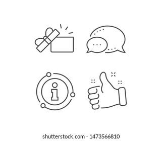 Opened Gift box line icon. Chat bubble, info sign elements. Present or Sale sign. Birthday Shopping symbol. Package in Gift Wrap. Linear opened Gift outline icon. Information bubble. Vector