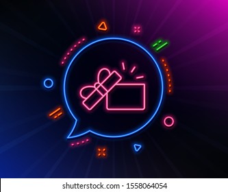 Opened Gift box line icon. Neon laser lights. Present or Sale sign. Birthday Shopping symbol. Package in Gift Wrap. Glow laser speech bubble. Neon lights chat bubble. Vector