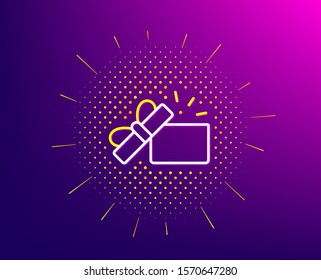 Opened Gift box line icon. Halftone pattern. Present or Sale sign. Birthday Shopping symbol. Package in Gift Wrap. Gradient background. Opened Gift line icon. Yellow halftone pattern. Vector