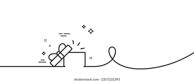 Opened Gift box line icon. Continuous one line with curl. Present or Sale sign. Birthday Shopping symbol. Package in Gift Wrap. Opened Gift single outline ribbon. Loop curve pattern. Vector
