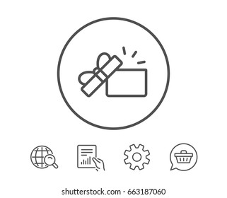 Opened Gift box line icon. Present or Sale sign. Birthday Shopping symbol. Package in Gift Wrap. Hold Report, Service and Global search line signs. Shopping cart icon. Editable stroke. Vector