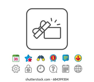 Opened Gift box line icon. Present or Sale sign. Birthday Shopping symbol. Package in Gift Wrap. Calendar, Globe and Chat line signs. Binoculars, Award and Download icons. Editable stroke. Vector