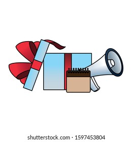 opened gift box with megaphone and calendar over white background, vector illustration