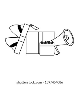 opened gift box with megaphone and calendar over white background, flat design, vector illustration