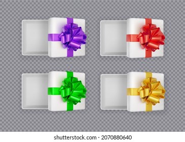 Opened gift box mockup, top view. Realistic empty present set with ribbon bow. Vector 3d Christmas illustration.