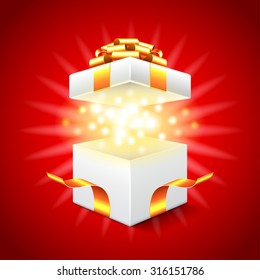 Opened gift box on red background photo realistic vector