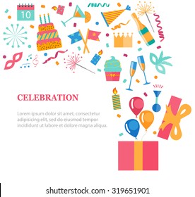 Opened gift box with party icons set, include flags, streamers, drinks, cake, fireworks, balloons, confetti, candles. Celebration and event background. Vector illustration. 