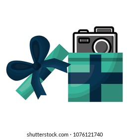 opened gift box with photo camera inside surprise