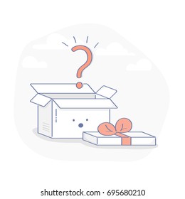 Opened gift box with question mark, surprise inside. Cute flat line illustration concept of parcel, present, gift, surprise, offer. Flat line cute vector element for web and mobile design.