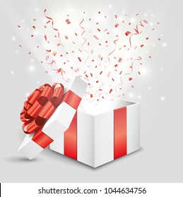 Opened gift box with red confetti and streamer