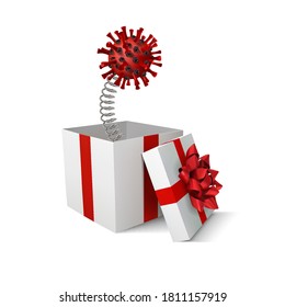 Caja de regalo abierta con cinta roja y sorpresa viral. Ilustración vectorial 3D