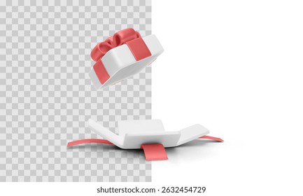 Opened Gift Box With Red Ribbon And Flying Lid In 3D Style. Holiday Present Package Unwrapped With Decorative Bow. Vector Illustration.