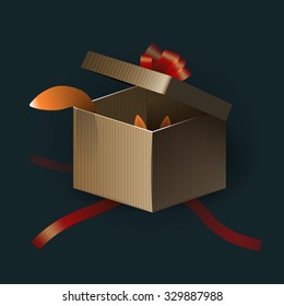 Opened gift box with red strips and fox inside. Vector illustration.
