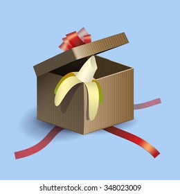 Opened gift box with red strips and banana inside. Vector illustration. New Year