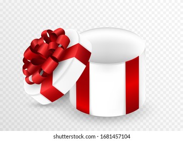 Caja de regalo abierta con arcos rojos satinados. Forma de cuadro redondo
