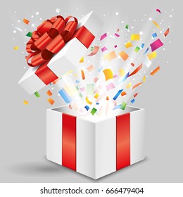 Opened gift box with shining light and confetti. Vector illustration