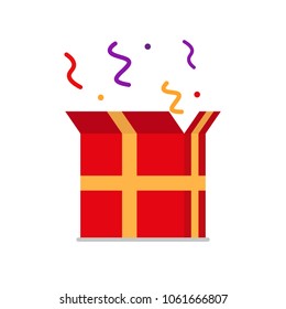 Opened gift box, surprise, celebration event. Vector.