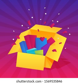 Opened gift box, surprise, celebration event, surprising gift boxes. Give presents concept. Flat cartoon design vector illustration.