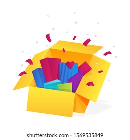 Opened gift box, surprise, celebration event, surprising gift boxes. Give presents concept. Flat cartoon design vector illustration.