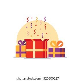 Opened gift box, surprise, celebration event, surprising gift boxes. Give presents concept. Flat design vector illustration