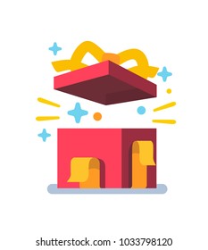 Opened gift box, surprise concept. Vector flat style