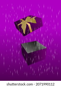 Sorpresa de la caja de regalo abierta con brillo. Bonita caja morada con arco sobre fondo morado. Ilustración del vector
