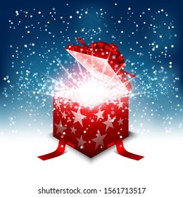 Opened gift box surprise with magic glowing shine bright particle. Happy birthday, happy new year and merry christmas card.