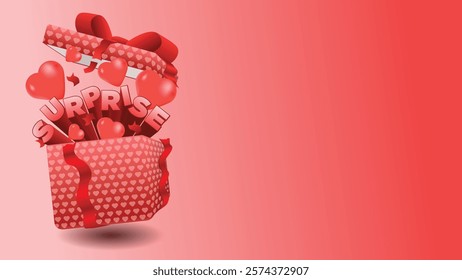 opened gift box with surprise text and hearts. valentines day mystery box concept  custom web page concept vector illustration	
