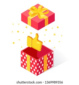 Opened gift box with thumbs up isolated on white background. 3d isometric package, surprise with confetti. Testimonials, feedback, customer review concept. Vector cartoon design