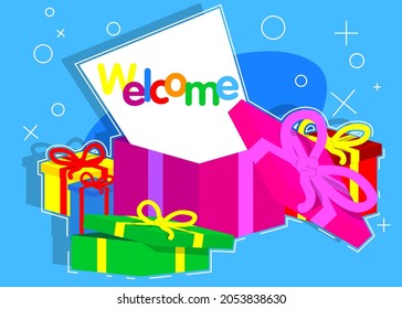 Opened gift box with white paper and Welcome text. Christmas, New Year or Birthday present.