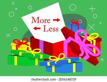 Opened gift box with white paper and More and Less text with arrow. Christmas, New Year or Birthday present.