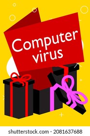 Opened gift box with white paper and Computer virus text. Christmas, New Year or Birthday present.