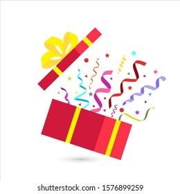 Opened gift box with yellow bow and different color confetti. Template design for surprise, celebration event, presents, birthday, Christmas. Vector illustration