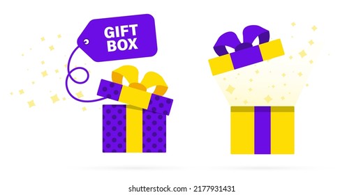 Opened gift boxes with confetti. Surprise boxe with tag. Template design for surprise, celebration event, presents, birthday, discount. Vector illustration