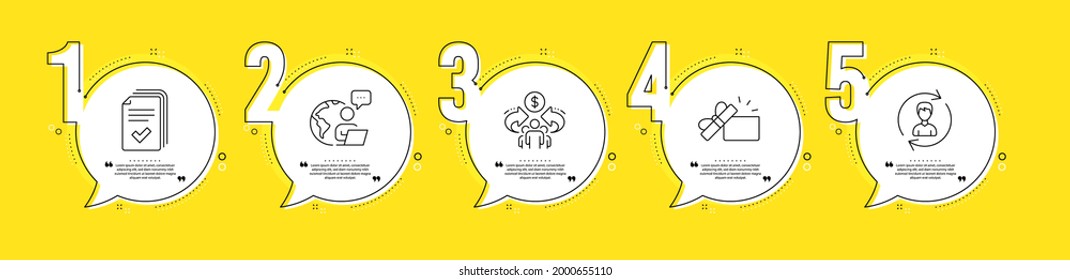 Opened Gift, Human Resources And Sharing Economy Line Icons Set. Timeline Process Infograph. Handout Sign. Present Box, Update Profile, Share. Documents Example. Business Set. Vector