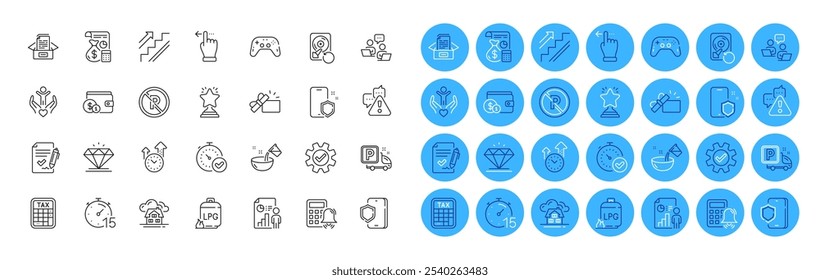 Opened gift, Service and Teamwork line icons pack. Fast verification , Tax calculator, Warning web icon. Diamond, Phone protect, Truck parking pictogram. Stairs, Timer, Building. Vector