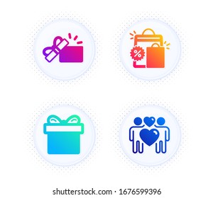 Opened gift, Shopping bags and Gift box icons simple set. Button with halftone dots. Love couple sign. Present box, Sale discount, Present package. Lovers. Holidays set. Vector