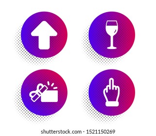 Opened gift, Upload and Wine glass icons simple set. Halftone dots button. Middle finger sign. Present box, Load arrowhead, Bordeaux glass. Gesture. Business set. Classic flat opened gift icon. Vector