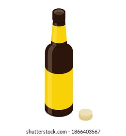 Frasco de cerveza de vidrio abierto y cápsula aislada de fondo blanco. Vector. Vista isométrica