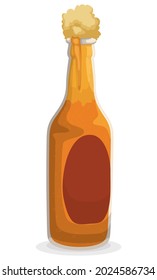 Frasco de vidrio abierto con cerveza y espuma de color claro, aislado sobre fondo blanco.