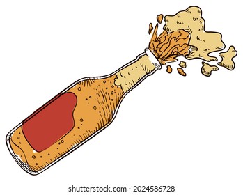 Opened glass bottle with label splashing beer and froth, in hand drawn style.